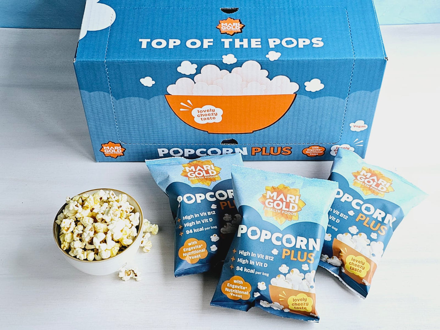 Marigold Health Foods Popcorn Plus with Engevita Nutritional Yeast 20g - Vegan & Gluten Free - High in Vitamin B12 & Vitamin D (Pack of 18)