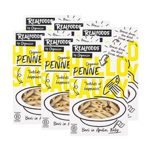 Realfoods by Organico | Organic White Penne Pasta Traditional Bronze-Cut Durum Wheat, Slow-Dried in Bari, Italy, 500g (Pack of 6)
