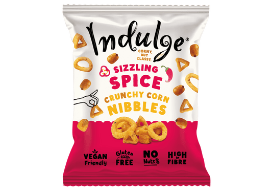Indulge - Crunchy Corn Nibbles - Sizzling Spice Flavour - Gluten Free, Low Salt, Low Fat, Nut Free, Vegan - 20g (Pack of 16)