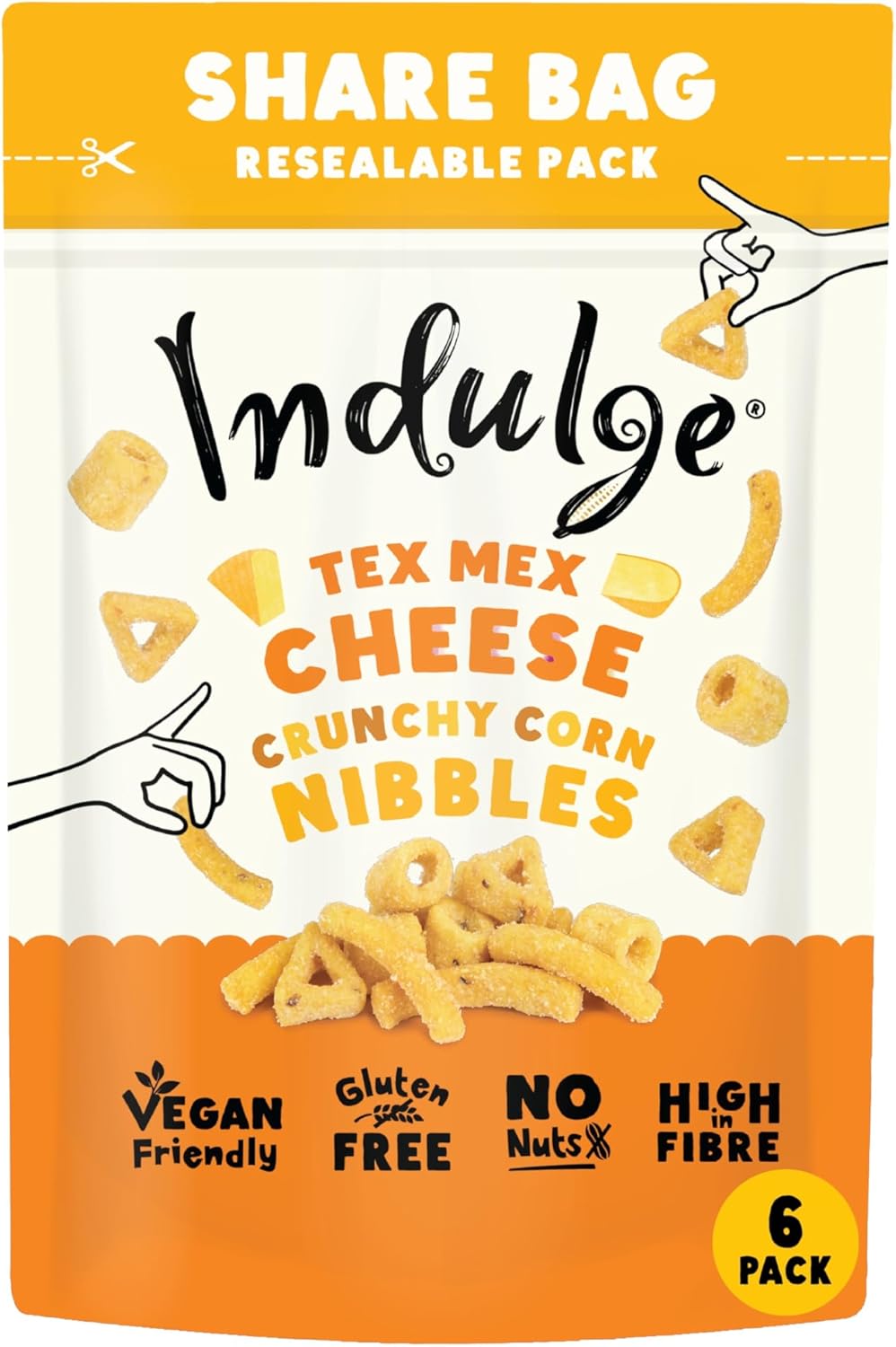 Indulge - Crunchy Corn Nibbles - Tex Mex Cheese Flavour - Gluten Free, Low Salt, Low Fat, Nut Free, Vegan - 100g (Pack of 6)