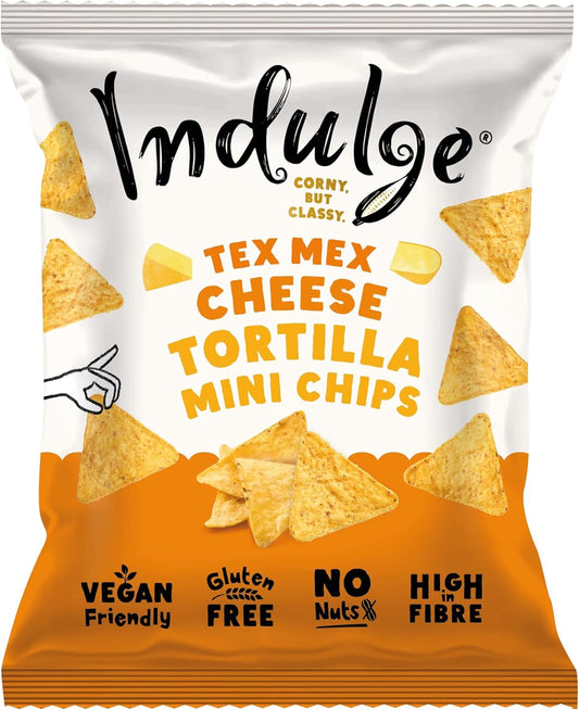 Indulge Tortilla Mini Chips - Tex Mex Cheese Flavour - Gluten Free, Low Salt, Low Fat, Nut Free, Vegan - 20g x 6 bags