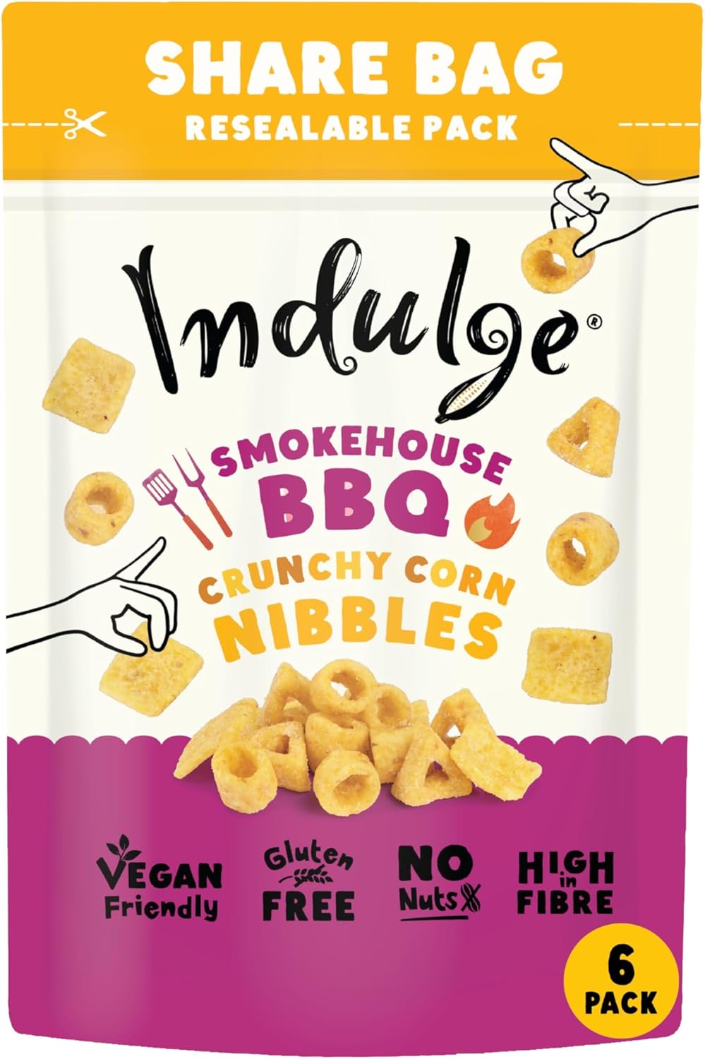 Indulge Crunchy Corn Nibbles - Smokehouse BBQ Flavour - Gluten Free, Low Salt, Low Fat, Nut Free, Vegan - 100g (Pack of 6)