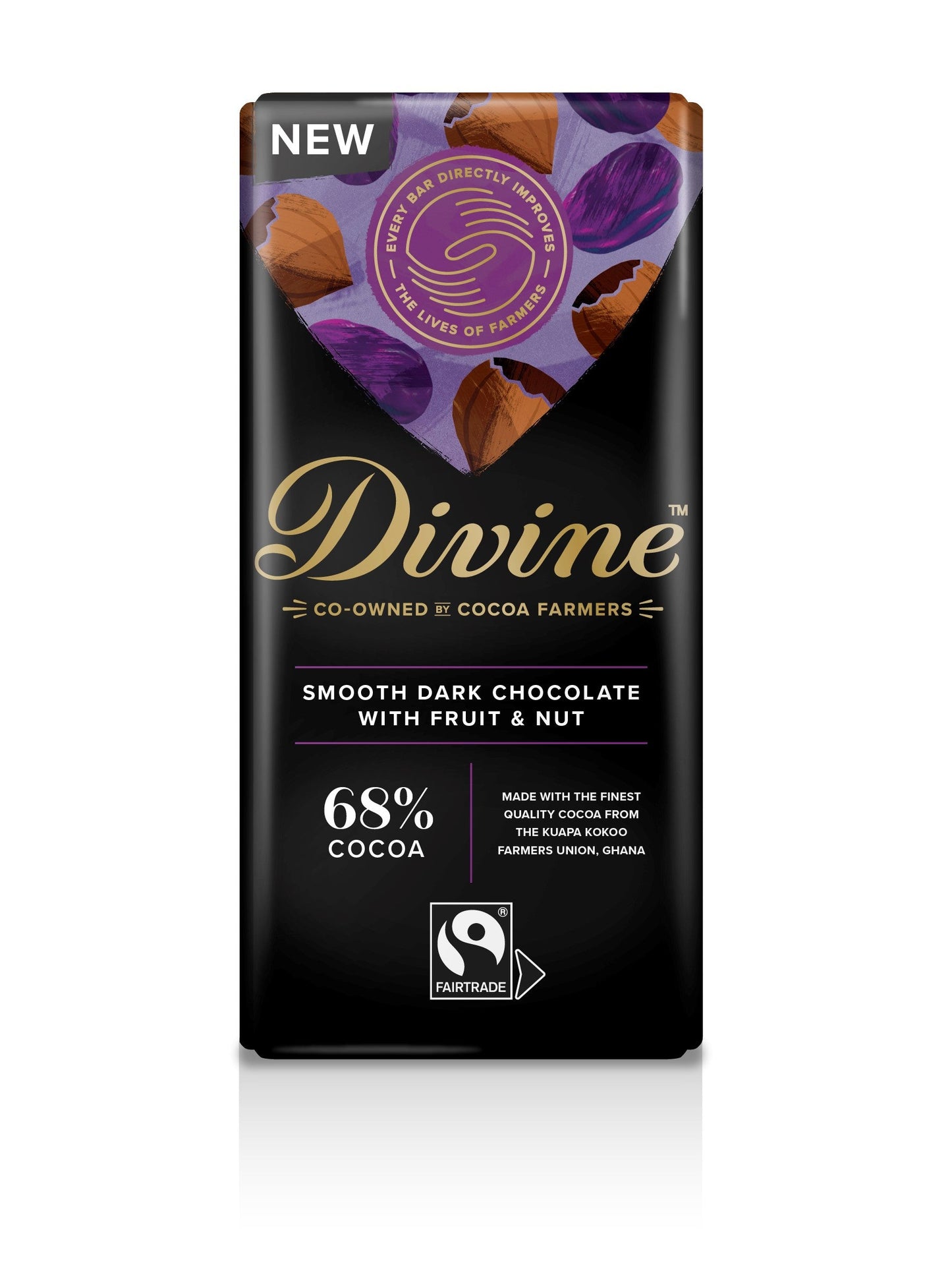 Divine Chocolate 68% Dark Chocolate with Fruit and Nut 90g (Pack of 15)