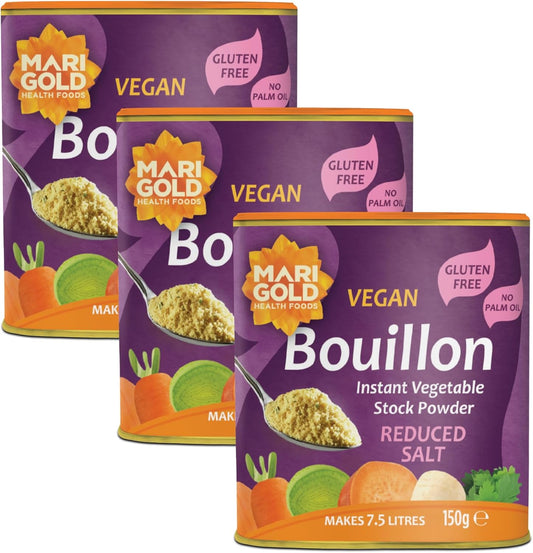 Marigold Vegan Bouillon Instant Vegetable Stock Powder Reduced Salt, 150g (Pack of 3)