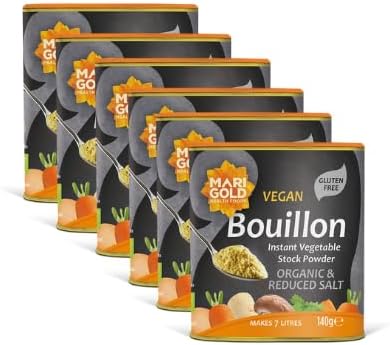 Marigold Vegan Bouillon Instant Vegetable Stock Powder Organic & Reduced Salt, 140g (Pack of 6)