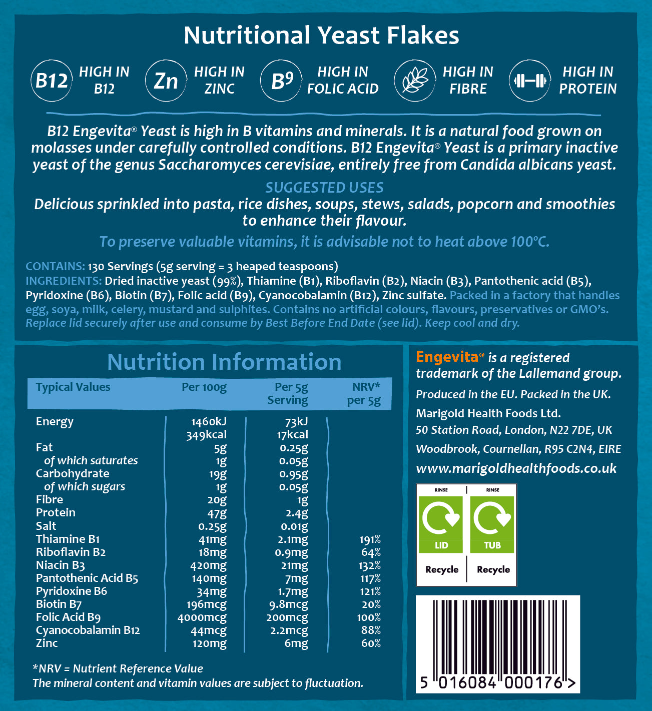 Marigold Vegan Engevita Nutritional Yeast Flakes with Vitamin B12, 650g