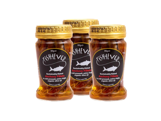 Fish 4 Ever - Anchovy Fillets in Organic Extra Virgin Olive Oil, 95g (Pack of 3)