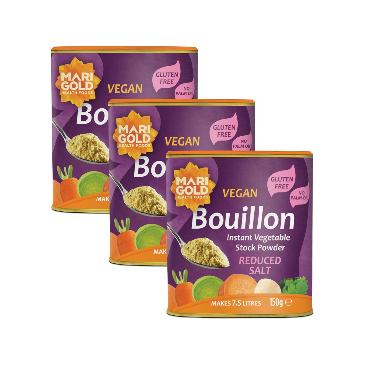 Marigold Vegan Bouillon Instant Vegetable Stock Powder Reduced Salt, 150g (Pack of 3)