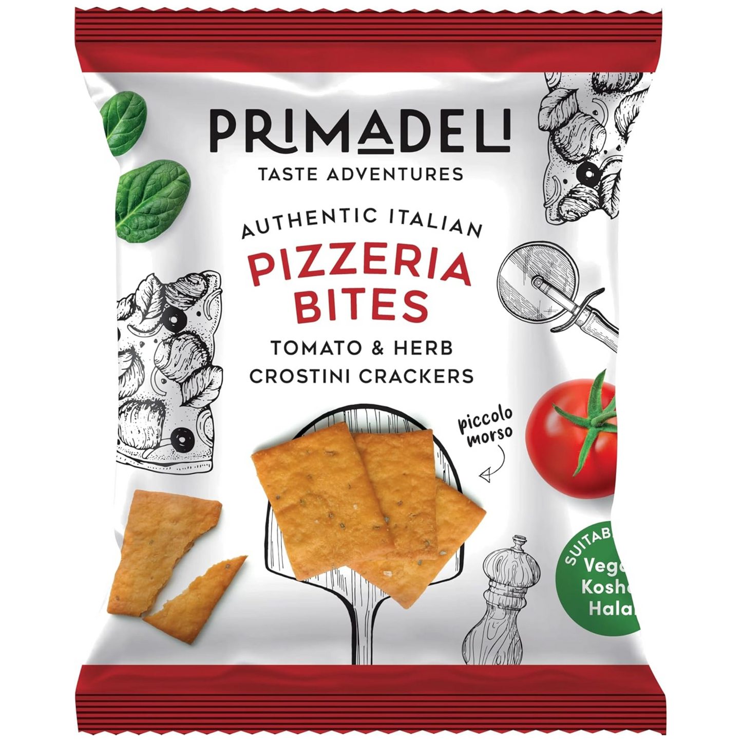 Primadeli - Crisp and Delicious Tomato & Herb Crostini Crackers - Pizzeria Bites - Vegan - 25g x 8 bags