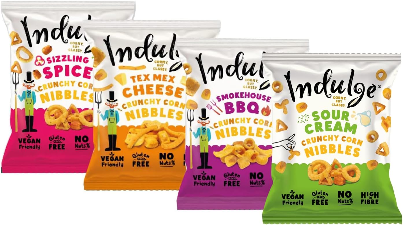 Indulge - Crunchy Corn Nibbles - Variety flavour - Gluten Free, Nut Free, Low Salt, Vegan- 20g x 24 bags