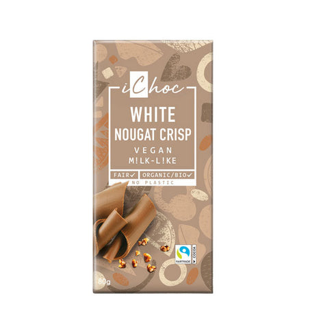 iChoc White Nougat Crisp Vegan Chocolate Bar Organic 80g (Pack of 10)