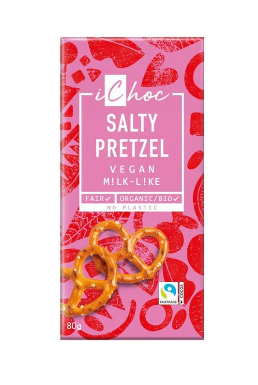 iChoc Salty Pretzel Vegan Chocolate Bar Organic 80g (Pack of 10)