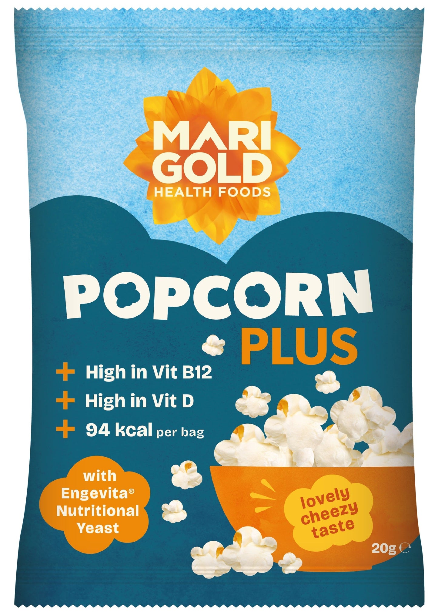 Marigold Health Foods Popcorn Plus with Engevita Nutritional Yeast 20g - Vegan & Gluten Free - High in Vitamin B12 & Vitamin D (Pack of 18)