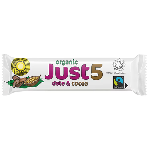 Tropical Wholefoods Just 5 Organic Fairtrade Date Cocoa Bar 40g (Pack of 18)