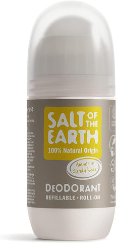 Salt Of The Earth Natural Deodorant Refillable Roll on Amber & Sandalwood 75ml (Pack of 6)