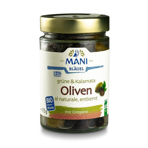 Mani Organic NL Fair Pitted Kalamata & Green Olives al Naturale 175g