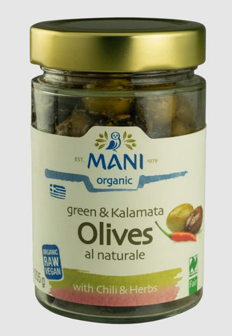 Mani Organic Mixed Olives al Naturale with Chilli & Herbs 205g
