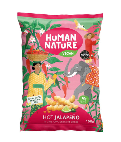 Human Nature Hot Jalapeno and Lime Flavour Lentil Sticks 100g (Pack of 10)