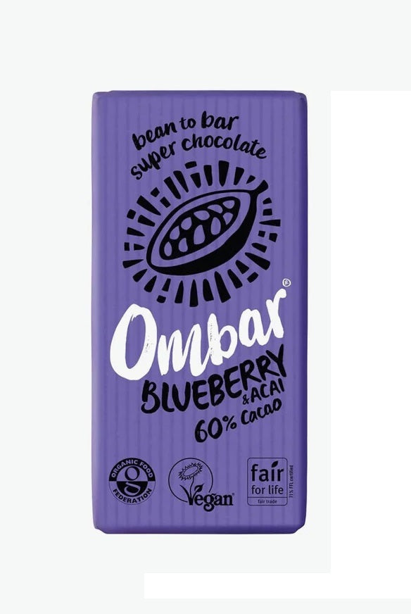 Ombar Chocolate Blueberry & Acai Chocolate Bar 35g (Pack of 10)