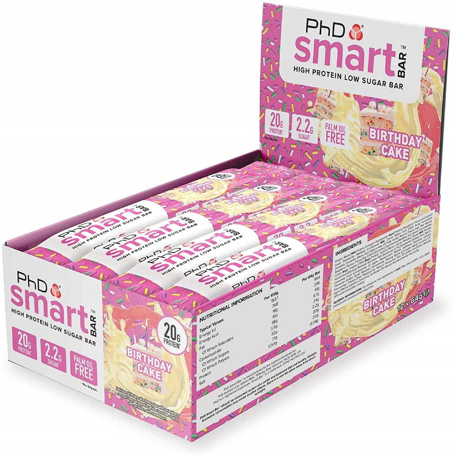 PhD Smart Bar, Birthday Cake - 12 bars