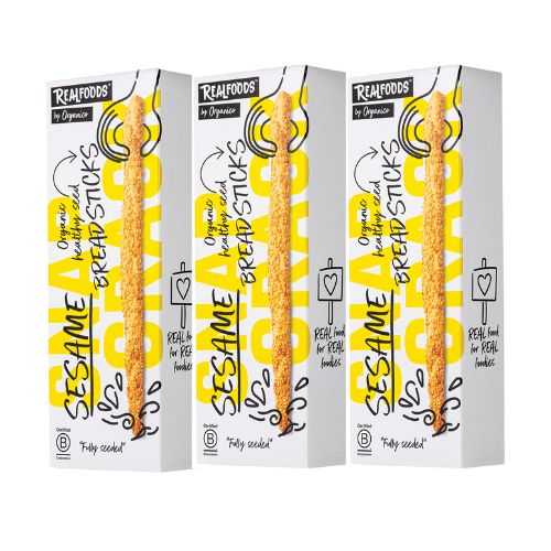 Realfoods by Organico | Organic Italian Sesame Breadsticks with Extra Virgin Olive Oil  Super Seeded Crunch, 120g (Pack of 3)