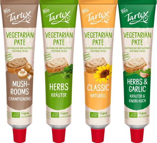 Tartex Organic Vegetarian Pate Mixed Flavour Pack 4 x 200g (1 of Each)  Classic, Herbs, Herb & Garlic & Mushroom Nutritional Yeast Spreads | From SuperfoodUK