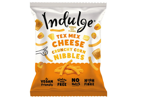 Indulge - Crunchy Corn Nibbles - Tex Mex Cheese Flavour - Gluten Free, Low Salt, Low Fat, Nut Free, Vegan - 20g (Pack of 8)