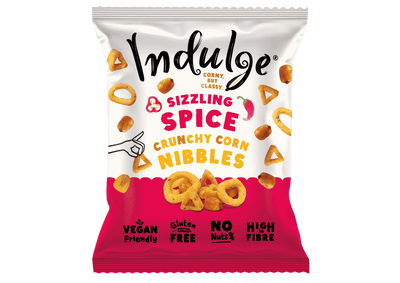 Indulge - Crunchy Corn Nibbles - Sizzling Spice Flavour - Gluten Free, Low Salt, Low Fat, Nut Free, Vegan - 20g (Pack of 8)