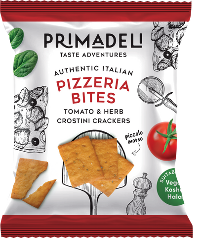 Primadeli - Crisp and Delicious Tomato & Herb Crostini Crackers - Pizzeria Bites - Vegan - 25g x 16 bags