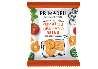 Primadeli - Crunchy Taralli - Tomato & Oregano Bites - Vegan - 25g x 24 bags