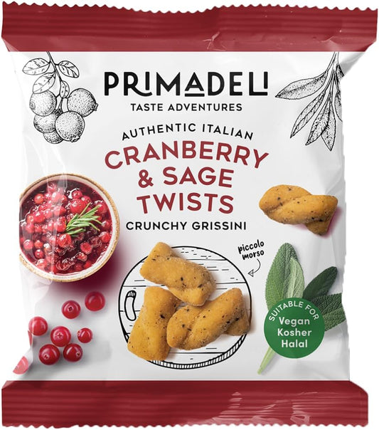 Primadeli  Crunchy Grissini Twists Cranberry & Sage  Vegan  35g * 16 Bags
