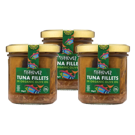 Fish4Ever Skipjack Tuna Fillets in Organic Olive Oil 150g (Pack of 3)
