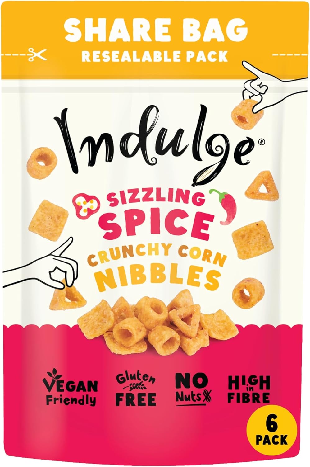 Indulge - Crunchy Corn Nibbles - Sizzling Spice Flavour - Gluten Free, Low Salt, Low Fat, Nut Free, Vegan - 100g (Pack of 6)