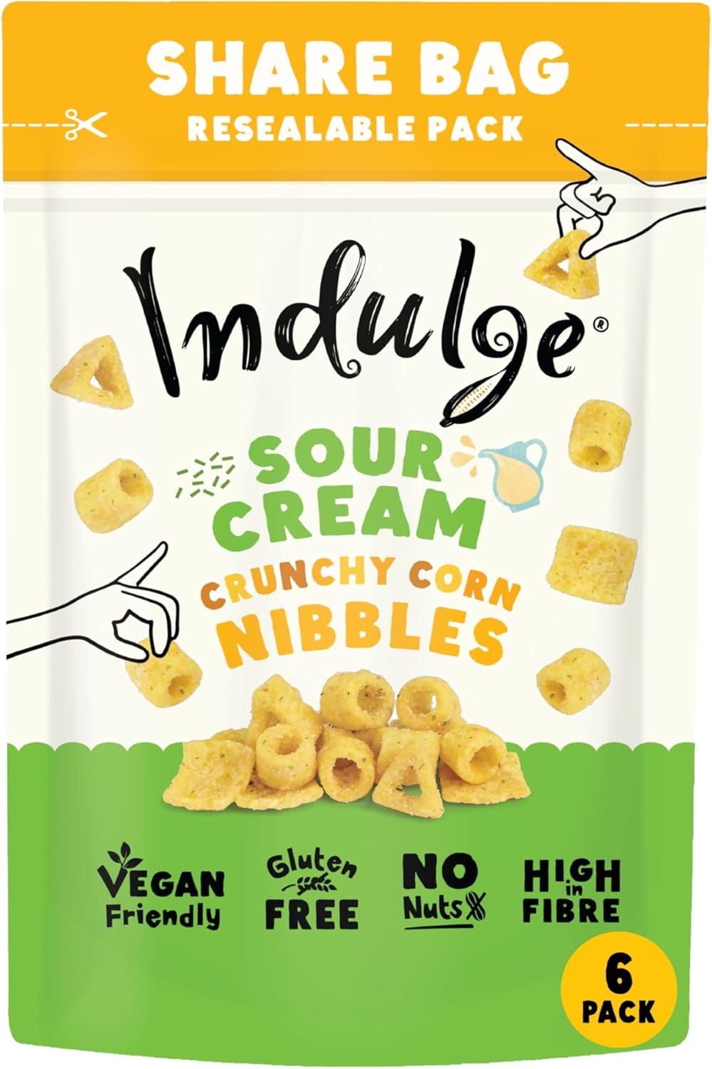 Indulge - Crunchy Corn Nibbles - Sour Cream Flavour - Gluten Free, Low Salt, Low Fat, Nut Free, Vegan - 100g (Pack of 6)