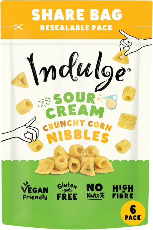 Indulge - Crunchy Corn Nibbles - Sour Cream Flavour - Gluten Free, Low Salt, Low Fat, Nut Free, Vegan - 100g (Pack of 6)