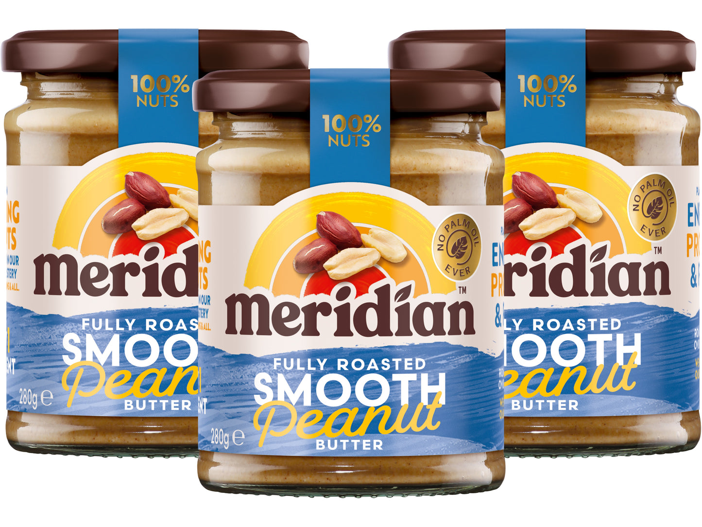 Meridian Smooth Peanut Butter 280g â Peanuts Roasted with Skins, No Palm Oil, No Added Sugar or Salt, Vegan, Gluten Free, Dairy Free, Plant Protein Energy Spread, (Pack of 3)