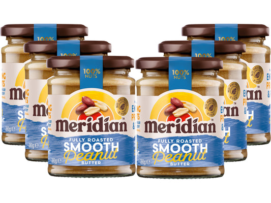 Meridian Smooth Peanut Butter 280g â Peanuts Roasted with Skins, No Palm Oil, No Added Sugar or Salt, Vegan, Gluten Free, Dairy Free, Plant Protein Energy Spread, (Pack of 6)