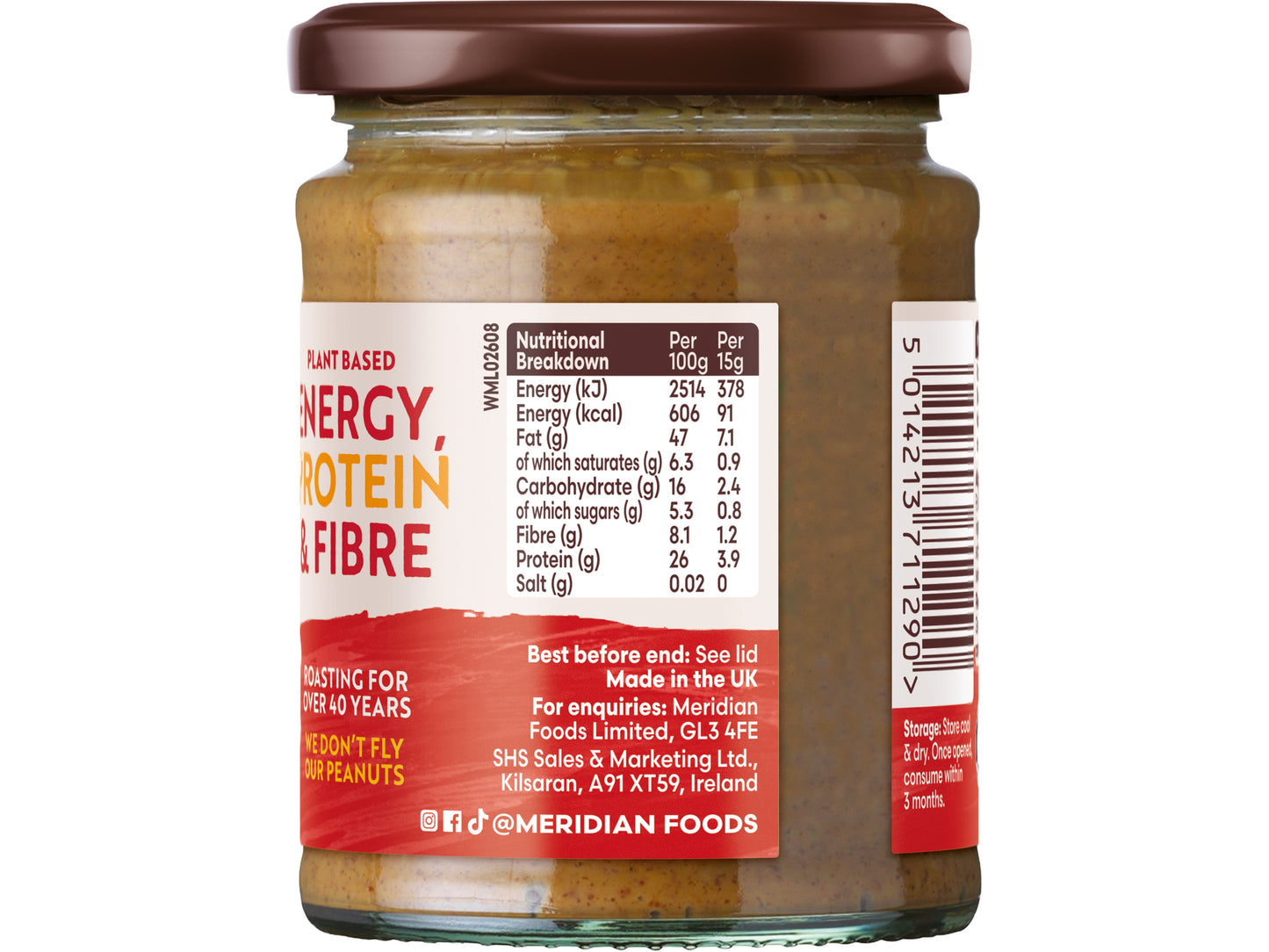 Meridian Crunchy Peanut Butter  280g â Peanuts Roasted with Skins, No Palm Oil, No Added Sugar or Salt, Vegan, Gluten Free, Dairy Free, Plant Protein Spread, (Pack of 6)