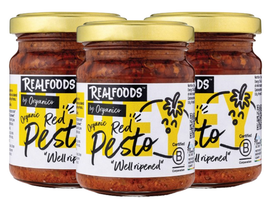 Realfoods by Organico | Organic Vegan Red Pesto, Crunchy, Ideal for Pasta & breadsticks, 120g (Pack of 3)