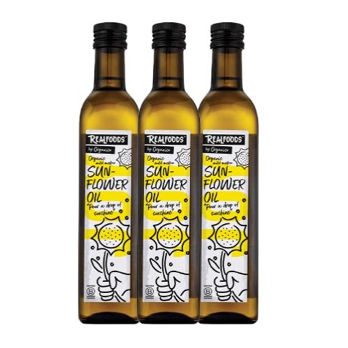 Realfoods by Organico | Organic Sunflower Oil Cold-Pressed, Mild & Vitamin E Rich for Cooking & Frying, 500ml (Pack of 3)