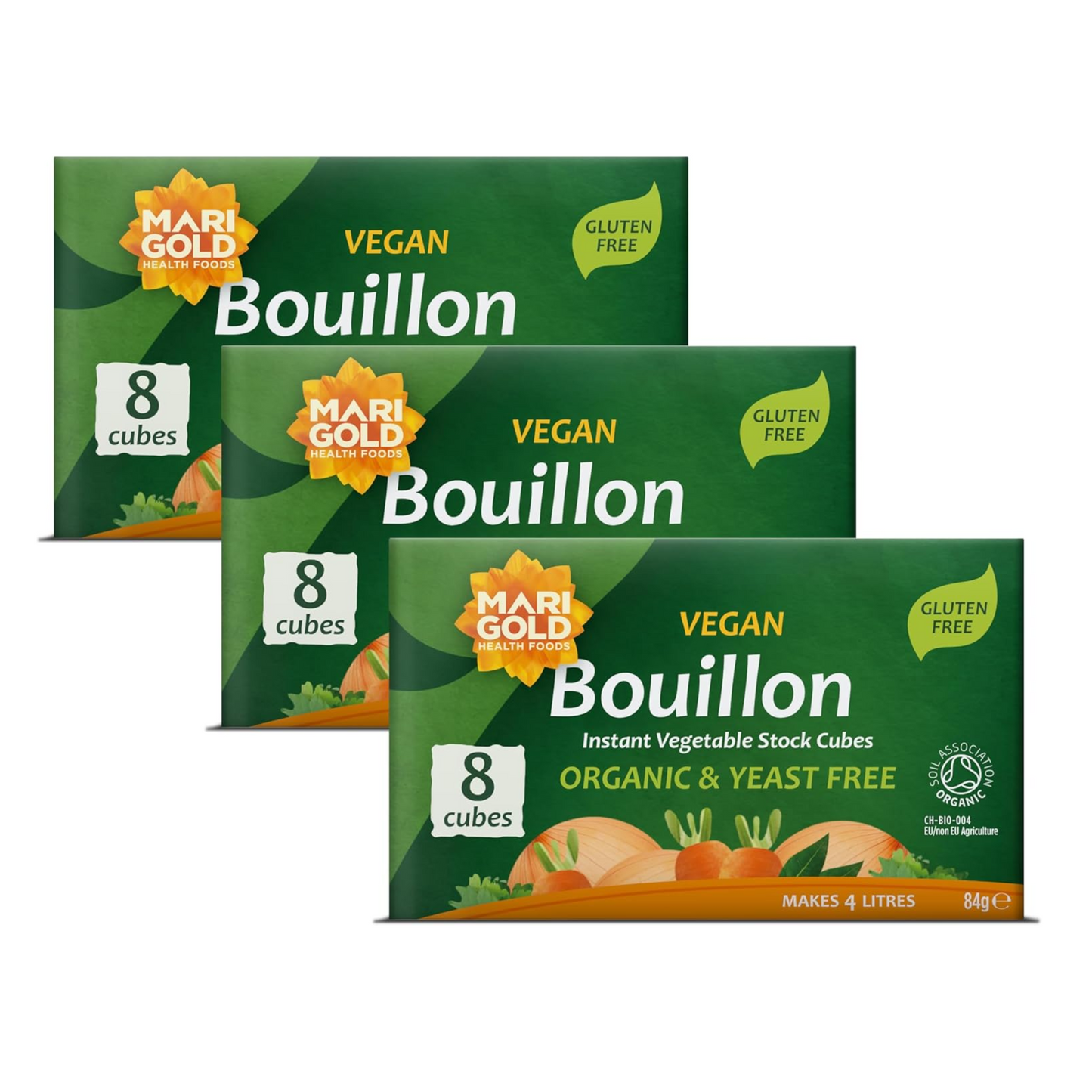 Marigold Vegan Bouillon Instant Vegetable Stock Cubes Organic & Yeast Free, 8 Cubes (Pack of 3)