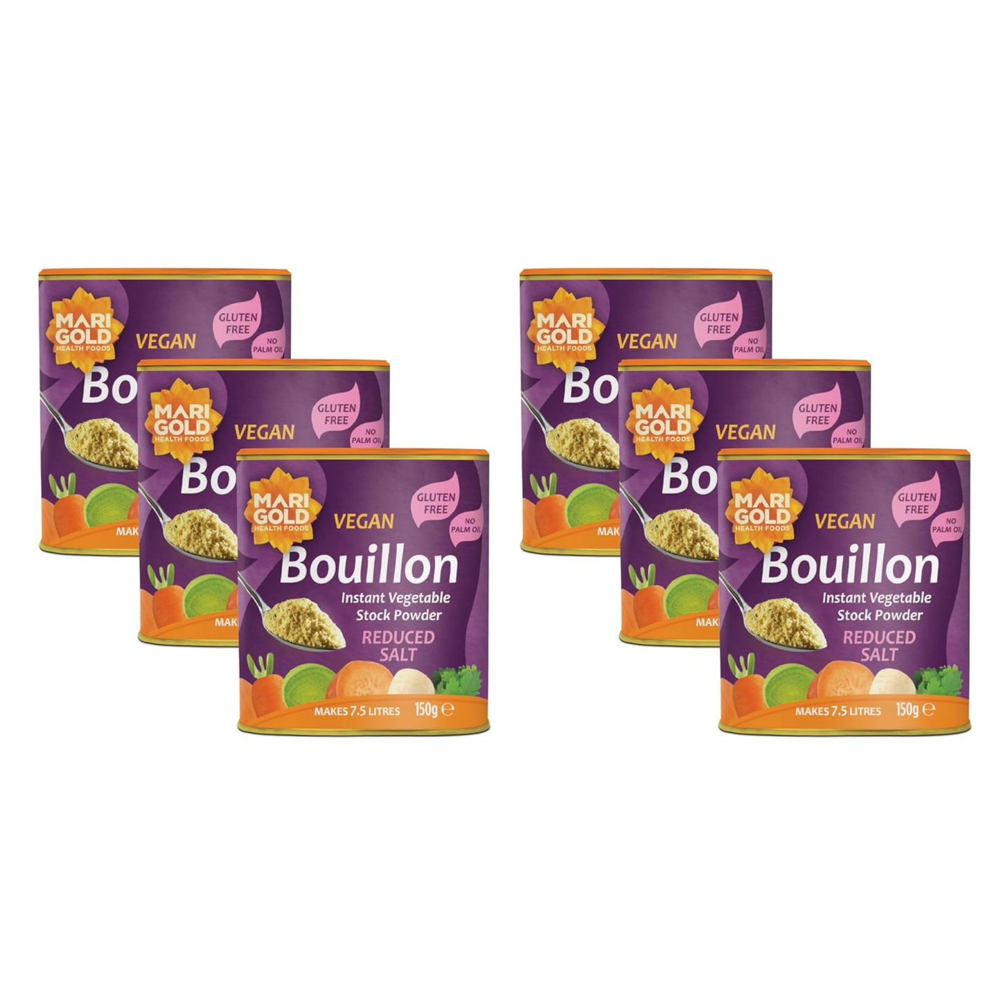 Marigold Vegan Bouillon Instant Vegetable Stock Powder Reduced Salt, 150g (Pack of 6)
