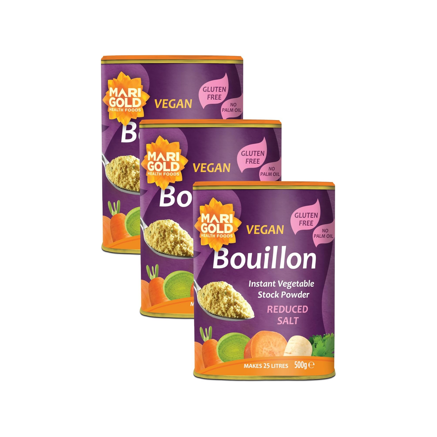 Marigold Vegan Bouillon Instant Vegetable Stock Powder Reduced Salt, 500g (Pack of 3)