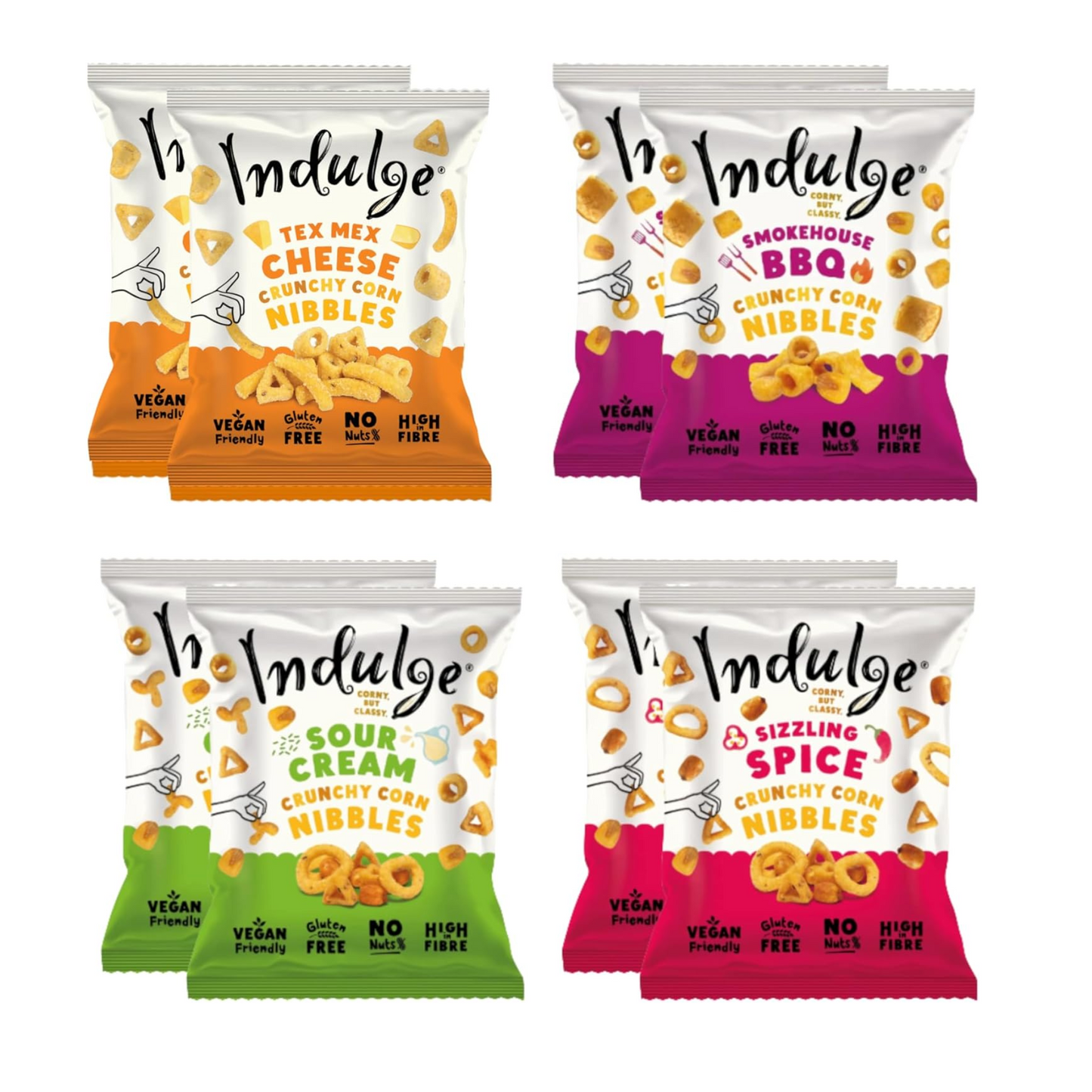 Indulge - Crunchy Corn Nibbles - Variety flavour - Gluten Free, Nut Free, Low Salt, Vegan- 20g x 8 bags