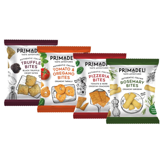 Primadeli - Taste Adventure - Pizzeria Bites, Tomato & Oregano Bites, Truffle Bites, Rosemary Bites - Vegan - (Variety Box) - 25g x 16 bags