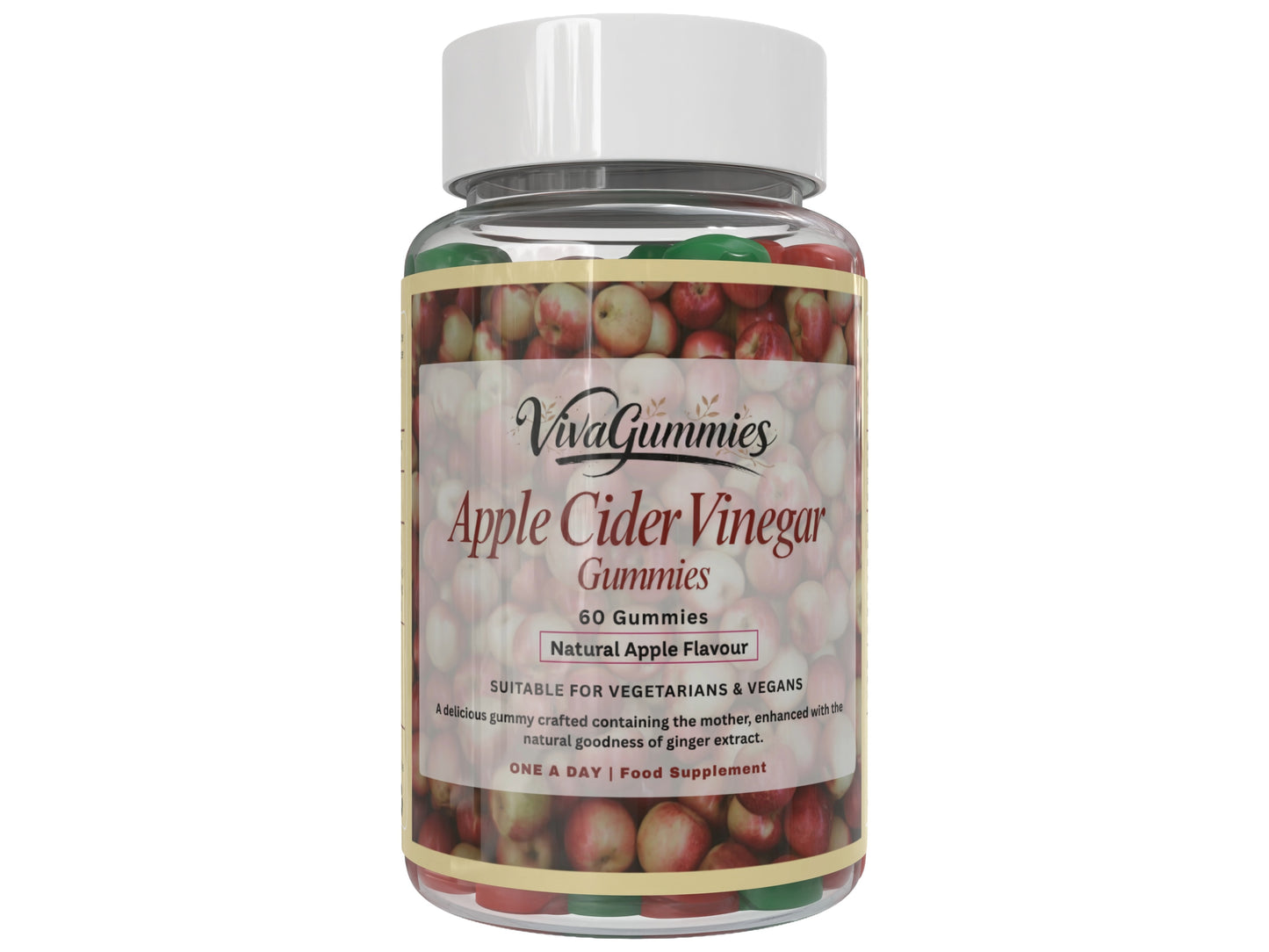VivaGummies Apple Cider Vinegar Gummies with The Mother & Ginger Extract, 500mg ACV per Serving for Digestion, Detox & Metabolism, Vegan, Non-GMO, Natural Apple Flavour, 60 Gummies