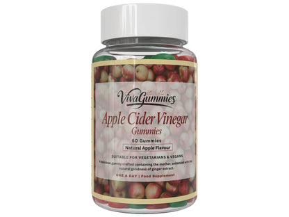 VivaGummies Apple Cider Vinegar Gummies with The Mother & Ginger Extract, 500mg ACV per Serving for Digestion, Detox & Metabolism, Vegan, Non-GMO, Natural Apple Flavour, 60 Gummies