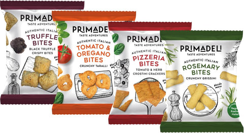 Primadeli - Taste Adventure - Pizzeria Bites, Tomato & Oregano Bites, Truffle Bites, Rosemary Bites - Vegan - (Variety Box) - 25g x 8 bags