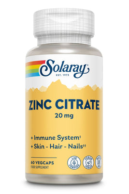 Solaray Zinc Citrate 20 mg- Immune Health - Skin, Hair, Nails - Lab Verified - Vegan - Gluten Free 60 VegCaps