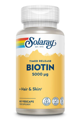 Solaray Timed Release Biotin 5000mg - Hair and Skin - Lab Verified - Vegan - Gluten Free 60 VegCaps
